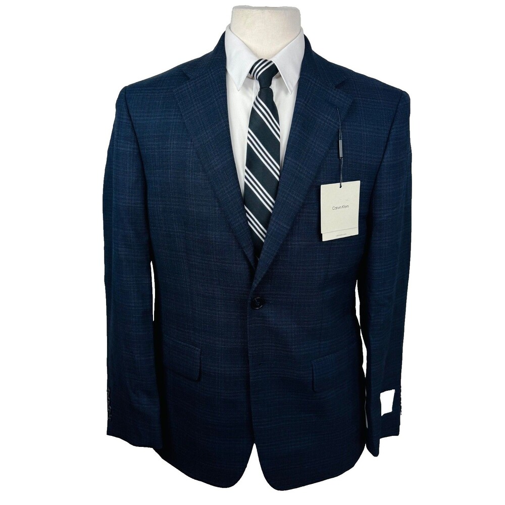 $450 NEW CALVIN KLEIN MENS 40S BLUE CHECK SLIM FIT BLAZER SPORT COAT SUIT JACKET
